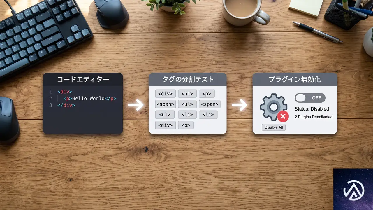 カスタムHTMLブロックの中身が消える原因を特定する手順