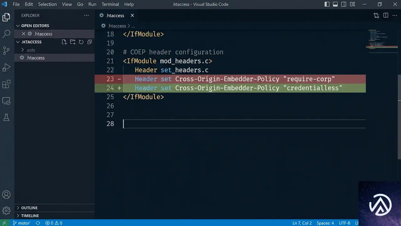 htaccessでCOEPヘッダーを修正してエラーを解決する