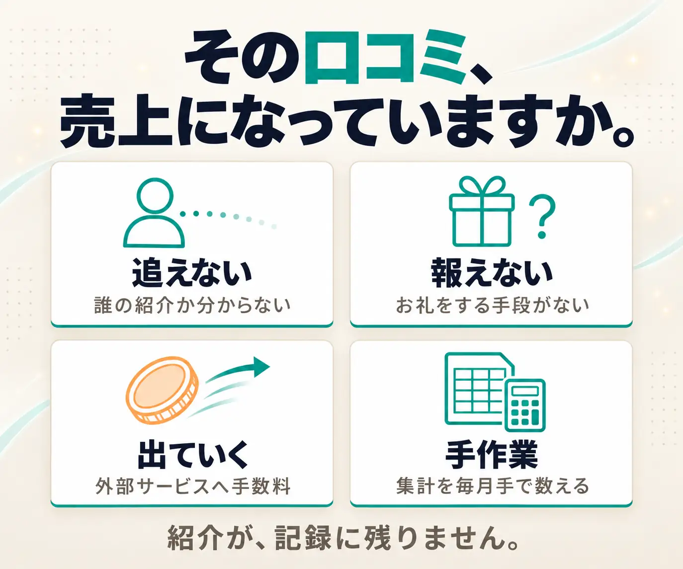 その口コミ、売上になっていますか|追えない・報えない・出ていく・手作業の4アイコン