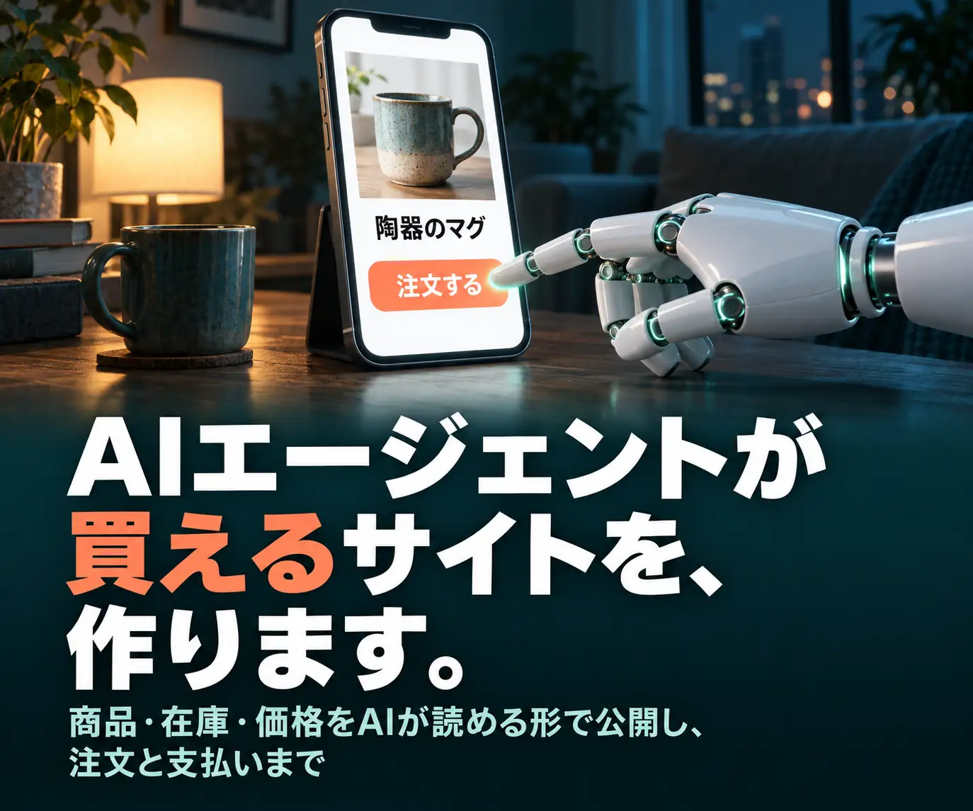 AIエージェント向け購入対応サイトの構築|AIエージェントが買えるサイトを、作ります(ロボットの手とスマホ、陶器のマグカップ)