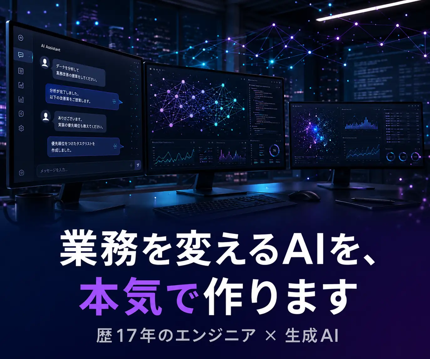 AI アプリ・AI エージェント開発|業務を変えるAIを、本気で作ります(チャット画面とグラフを映した複数のモニター)