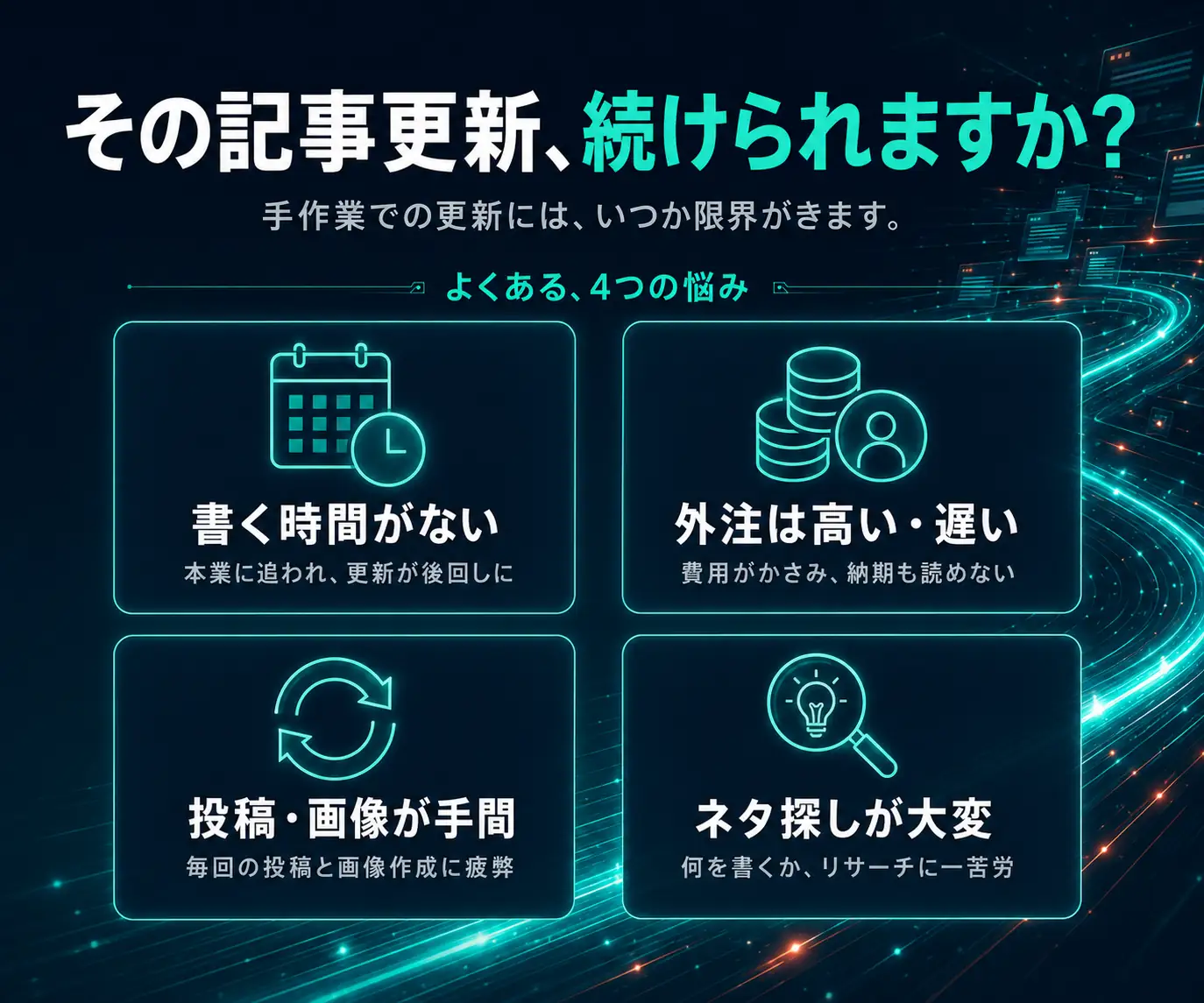 その記事更新、続けられますか?|書く時間・外注費・投稿の手間・ネタ探しの4アイコン