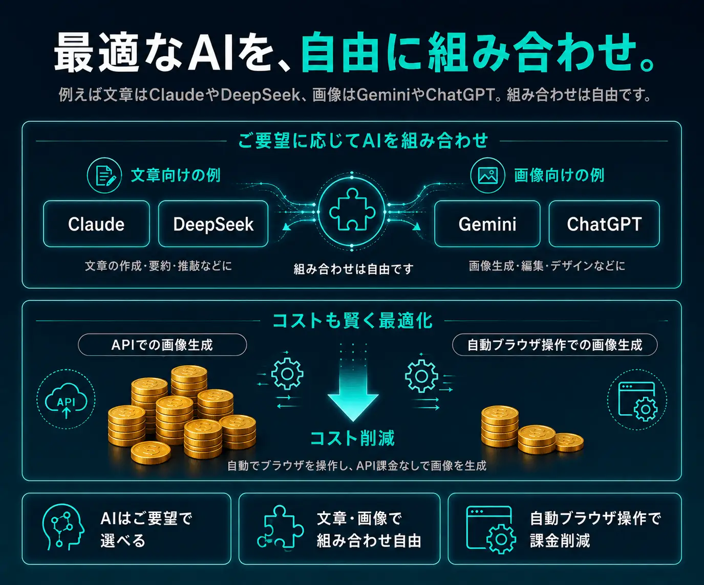 最適なAIを、自由に組み合わせ|複数のAIのロゴと、コスト削減を表す金貨