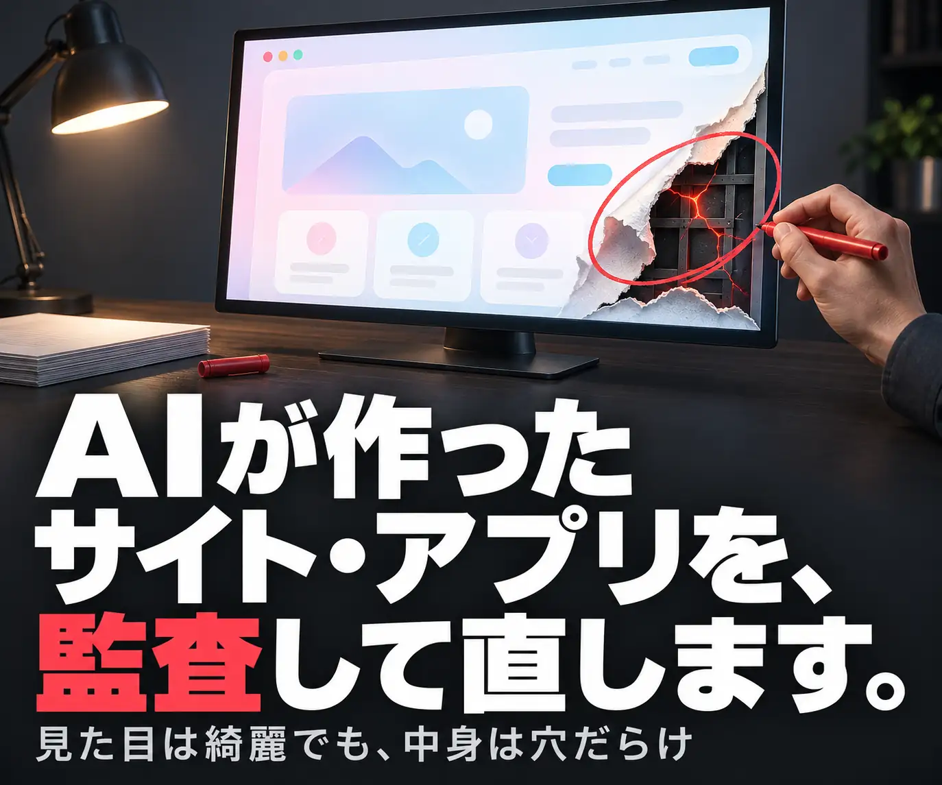 AI製サイト・アプリの監査と修正|AIが作ったサイト・アプリを、監査して直します(画面が破れたモニターを赤ペンで指すデスク)