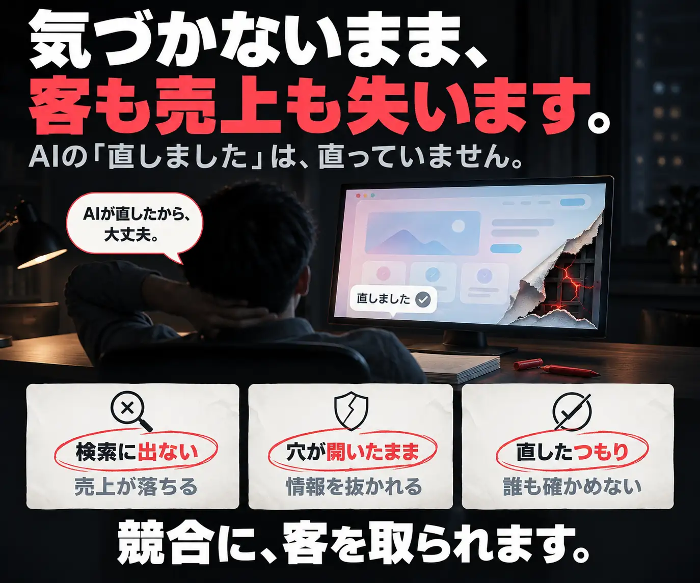 気づかないまま、客も売上も失います|モニターに向かう人物の後ろ姿と、検索に出ない・穴が開いたまま・直したつもりの3枚のカード