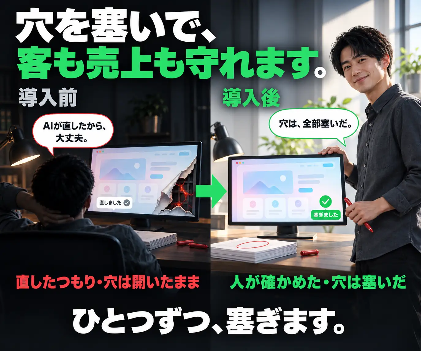 穴を塞いで、客も売上も守れます|導入前と導入後の比較画面と、タブレットを持つ人物