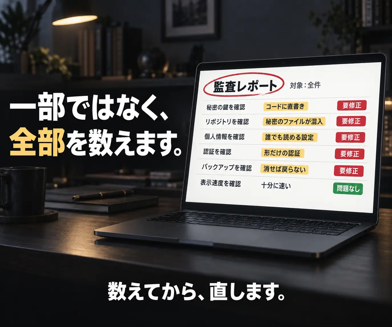 一部ではなく、全部を数えます|要修正項目が並ぶ監査レポートを表示したノートPC