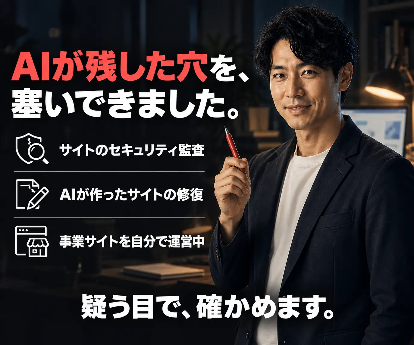 AIが残した穴を、塞いできました|赤ペンを持つ男性と、セキュリティ監査・AI製サイトの修復・事業サイト運営の3項目