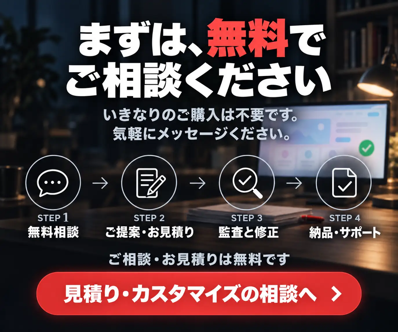 まずは、無料でご相談ください|無料相談・ご提案お見積り・監査と修正・納品サポートの4ステップとボタン