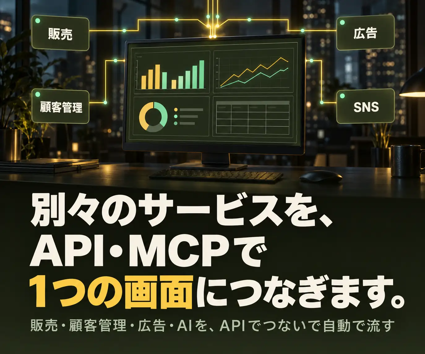API連携・外部サービス連携の開発|別々のサービスを、API・MCPで1つの画面につなぎます(販売・広告・顧客管理・SNSのモニター画面と矢印)