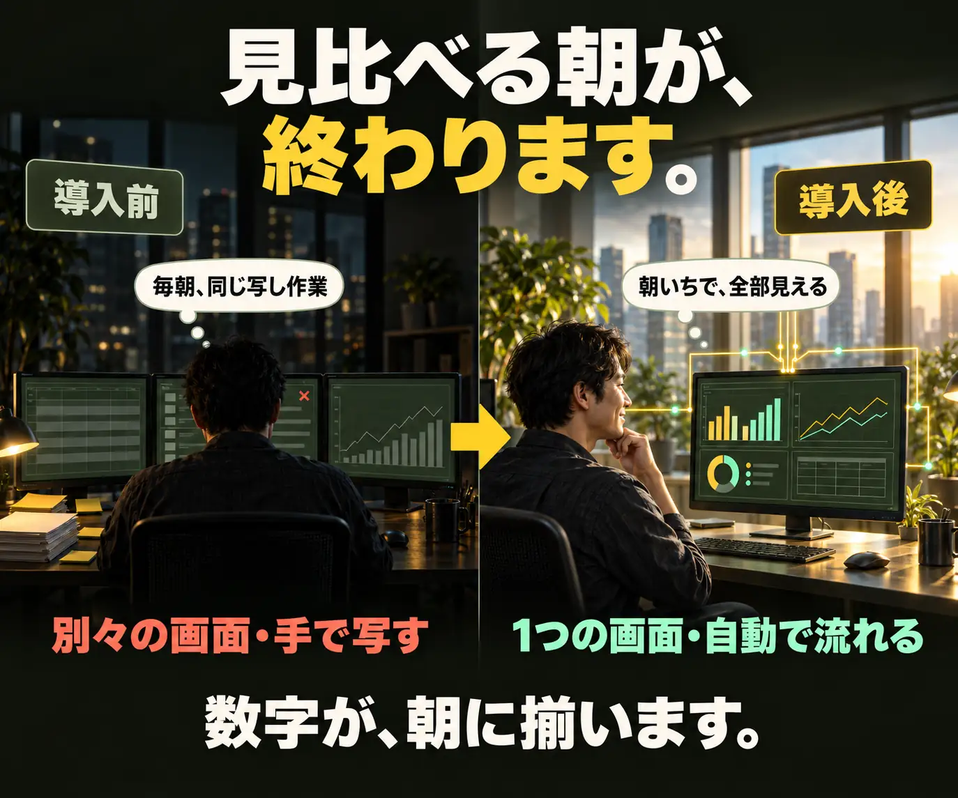 見比べる朝が、終わります|導入前と導入後の比較、暗い部屋での作業と明るい部屋