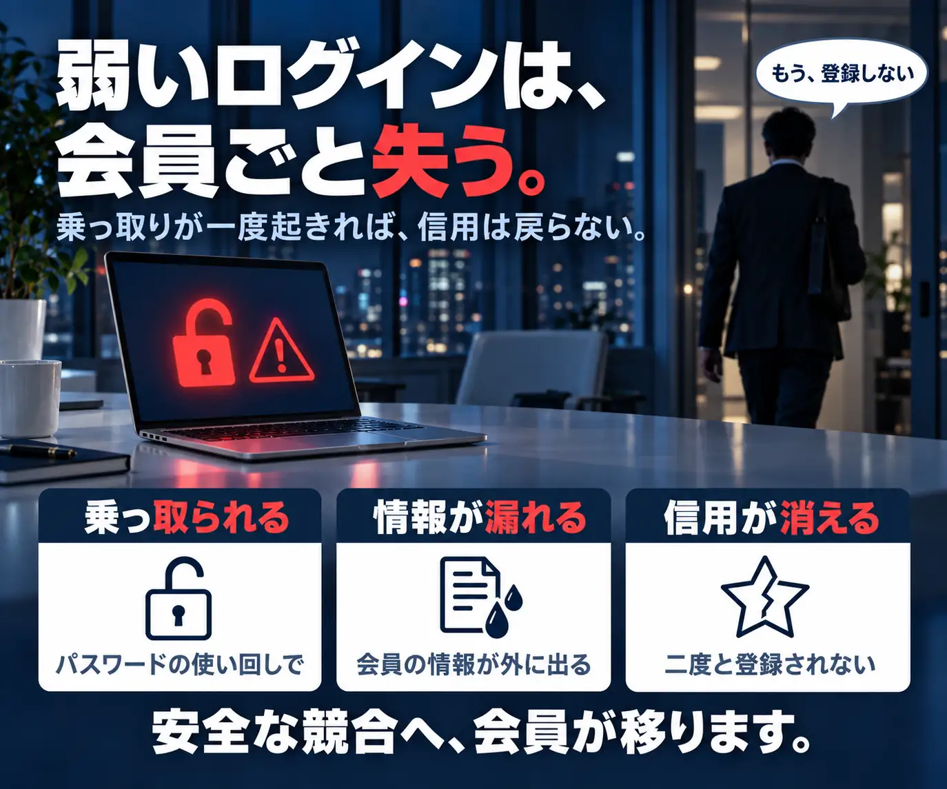 弱いログインは、会員ごと失う|施錠が外れたノートPCと歩き去るスーツの男性