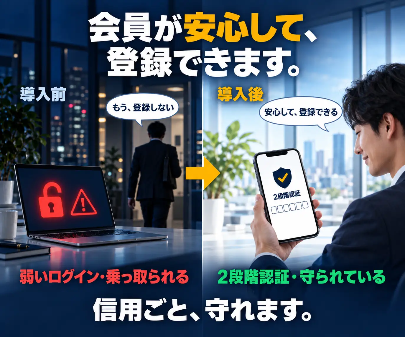 会員が安心して、登録できます|導入前と導入後の比較、施錠の外れたPCとスマホを見る男性