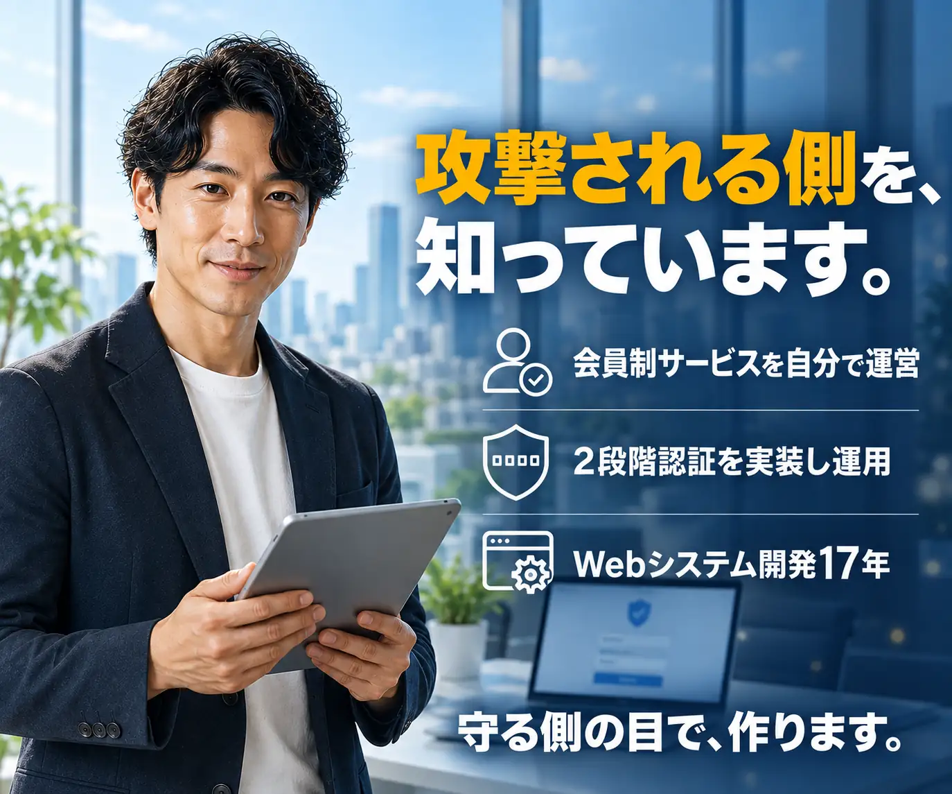 攻撃される側を、知っています|タブレットを持つ男性の写真
