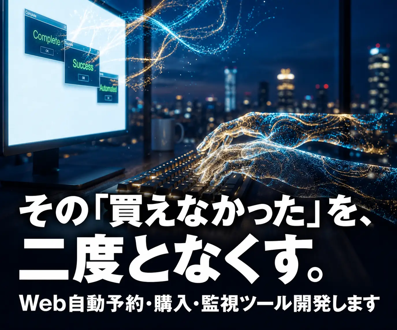 Web自動購入・監視ツールの開発|その「買えなかった」を、二度となくす(完了と成功の文字が並ぶ複数のモニター)