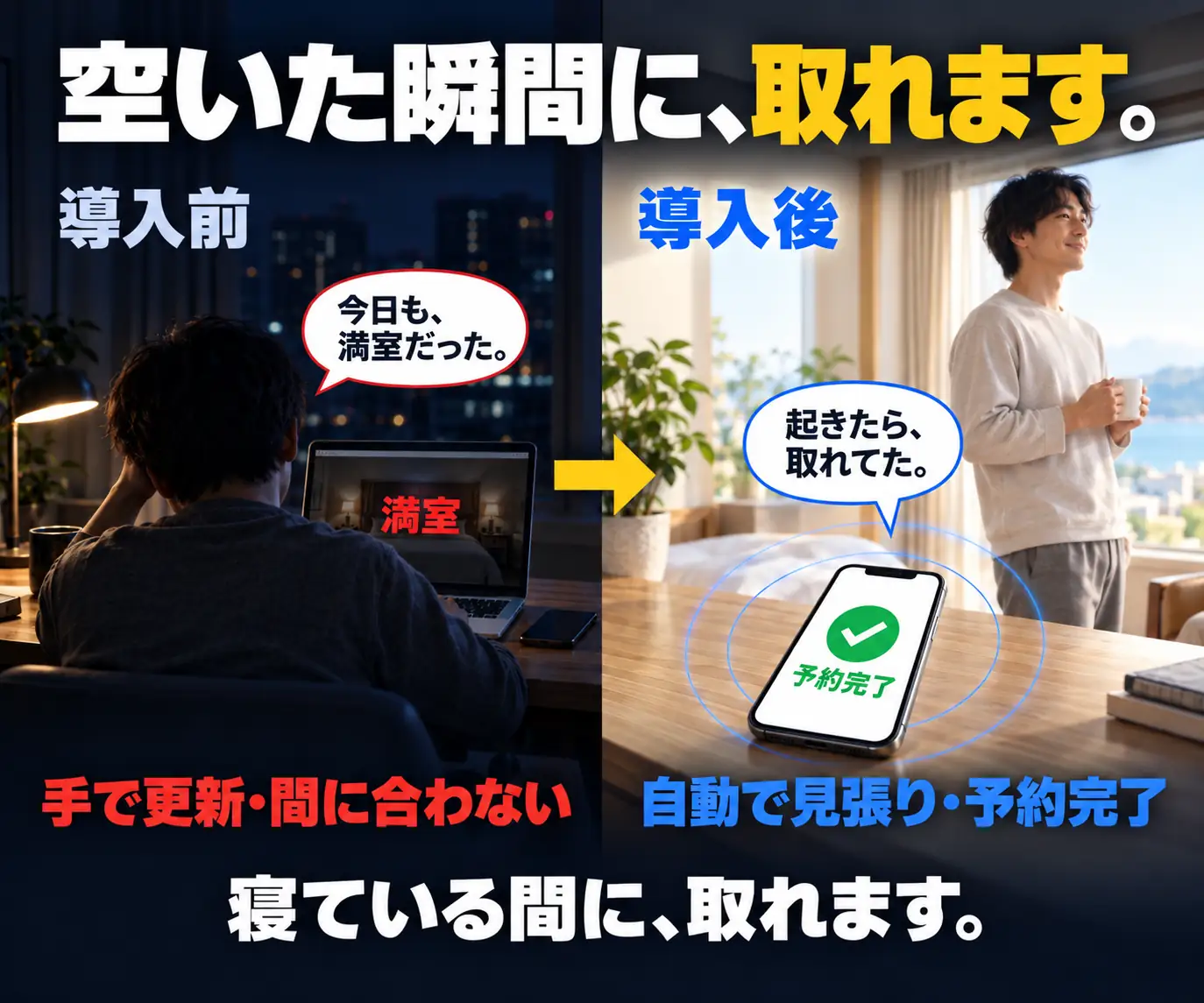 空いた瞬間に、取れます｜導入前と導入後の比較、満室表示と朝の予約完了の確認