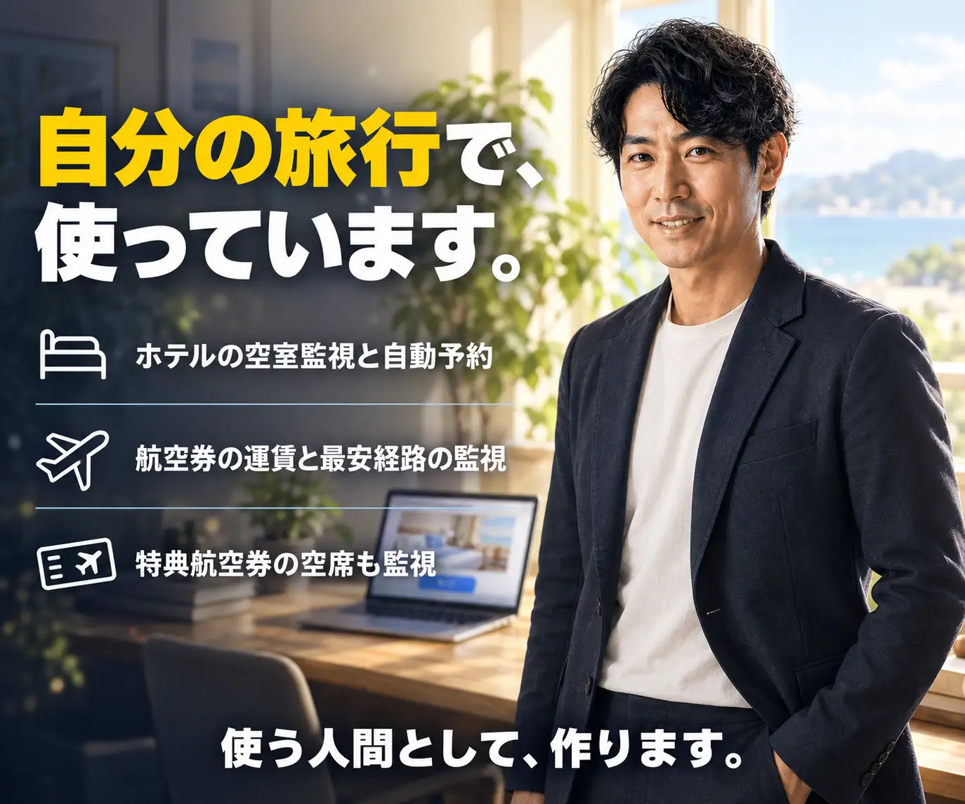 自分の旅行で、使っています｜男性の写真と、チェックリスト