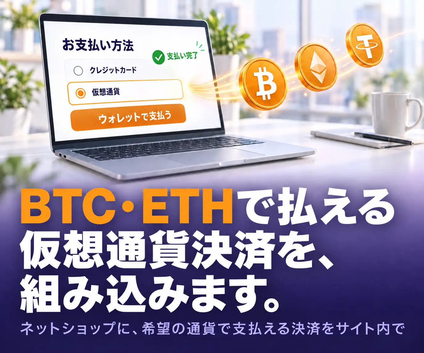 ネットショップへの仮想通貨決済導入|BTC・ETHで払える仮想通貨決済を、組み込みます(ノートPCと仮想通貨のコイン、支払い方法の画面)