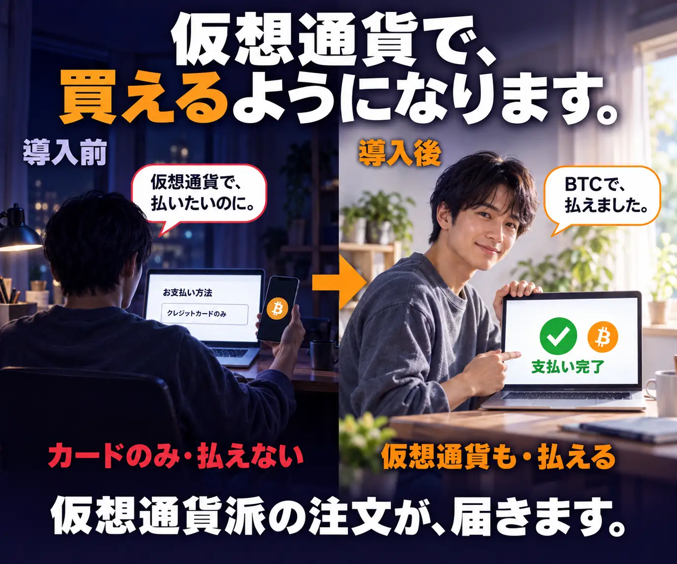 仮想通貨で、買えるようになります|導入前と導入後の比較、カードのみの画面と支払い完了