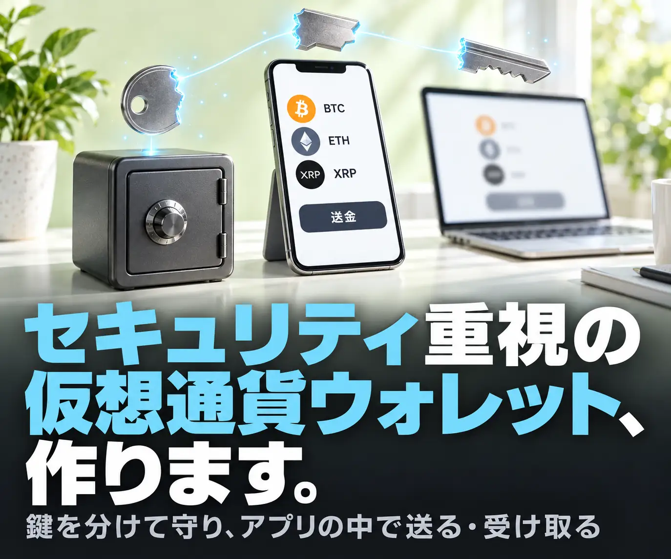 鍵管理を重視した独自ウォレットの開発|セキュリティ重視の仮想通貨ウォレット、作ります(金庫とスマホ・ノートPC、鍵と BTC・ETH・XRP のアイコン)