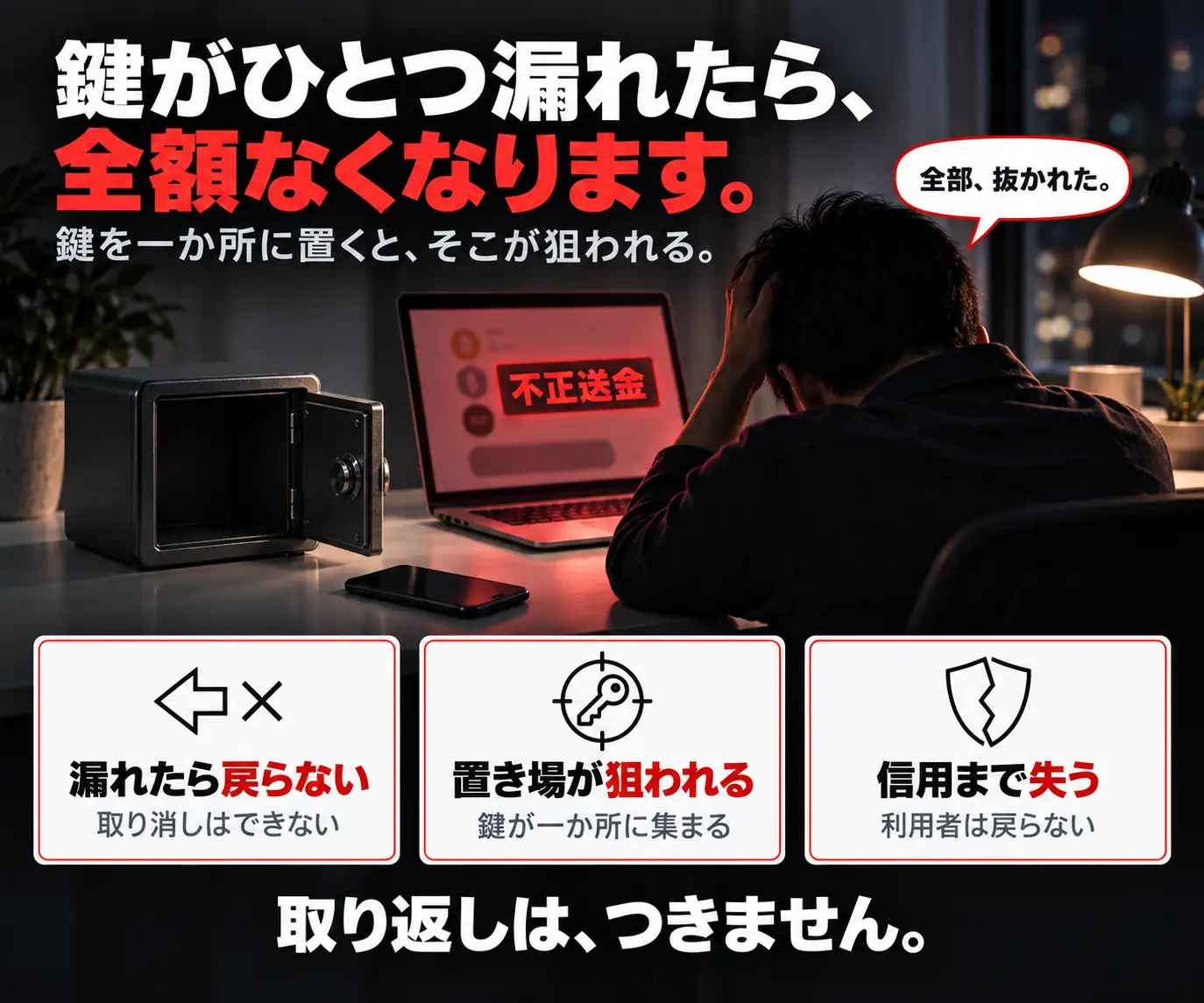 鍵がひとつ漏れたら、全額なくなります|頭を抱える男性と金庫・ノートPC、不正送金の吹き出し
