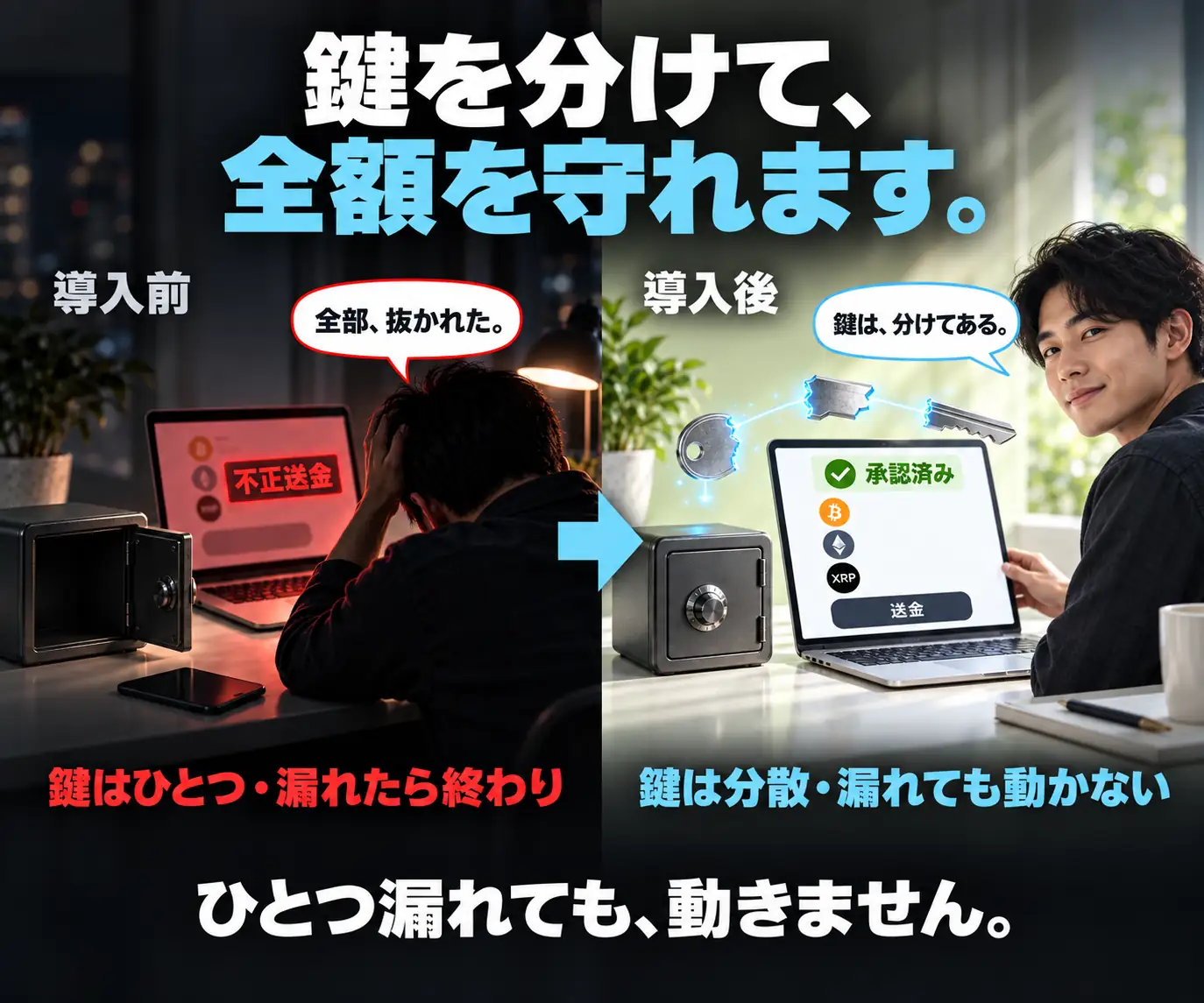 鍵を分けて、全額を守れます|導入前と導入後の対比、分けられた金庫と承認済みの画面
