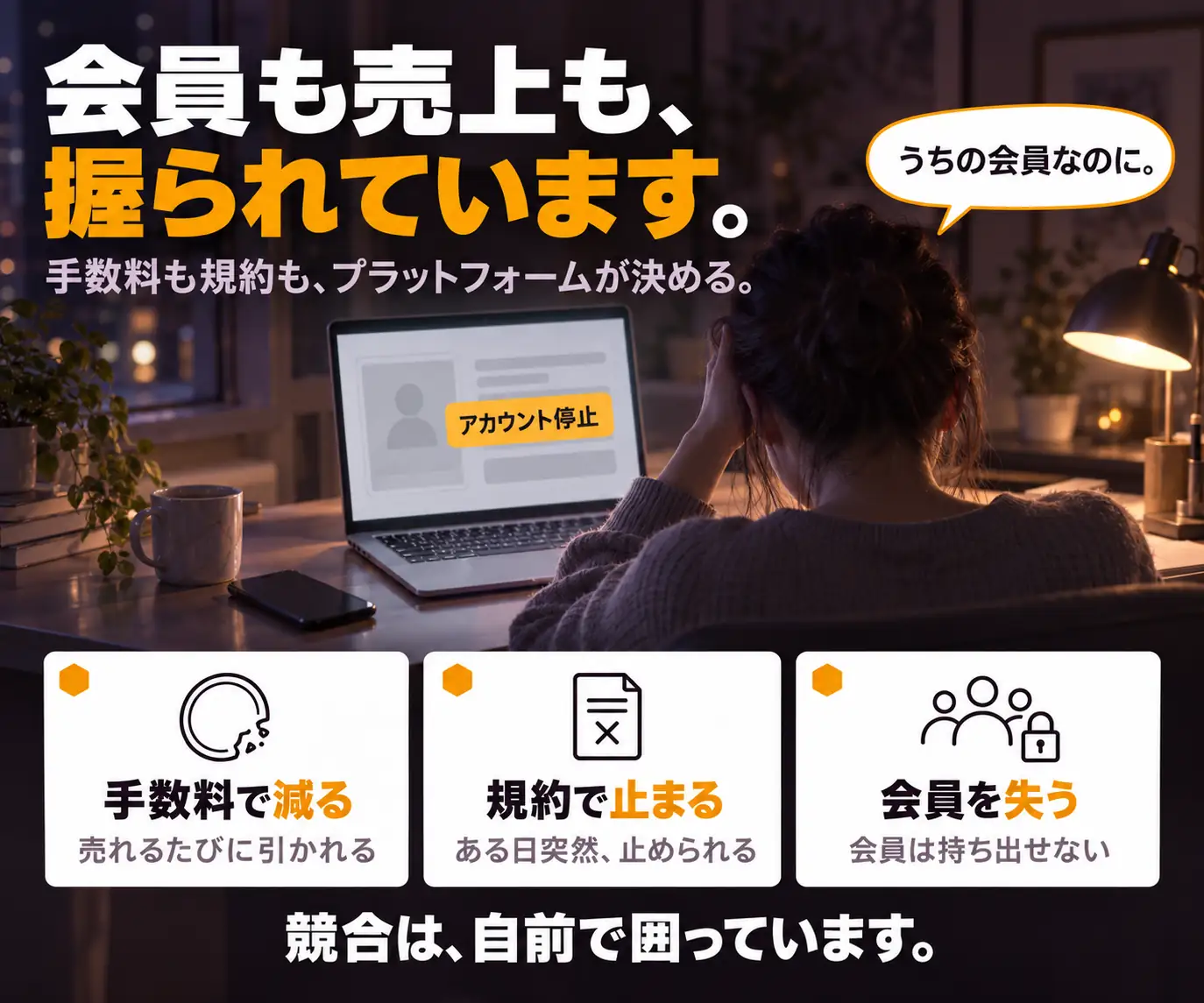 会員も売上も、握られています|ノートPCに向かう女性の後ろ姿と、手数料・規約・会員喪失の3アイコン