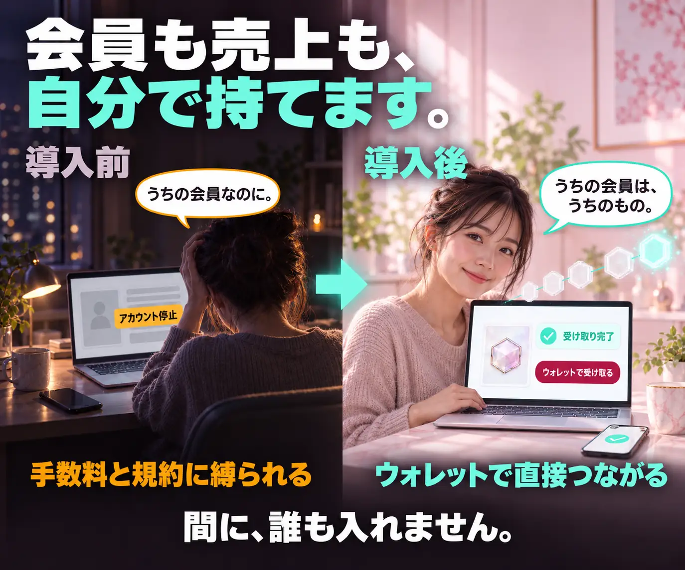 会員も売上も、自分で持てます|導入前と導入後の対比、女性2人とノートPC