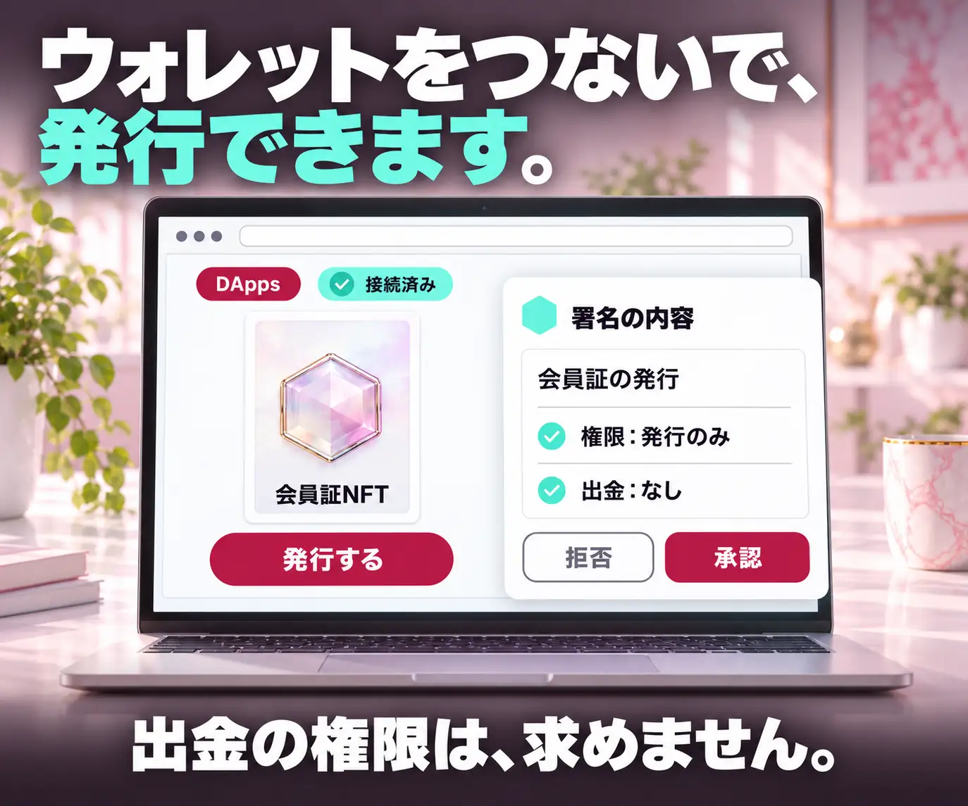 ウォレットをつないで、発行できます|会員証NFTを発行する署名内容の確認ダイアログ