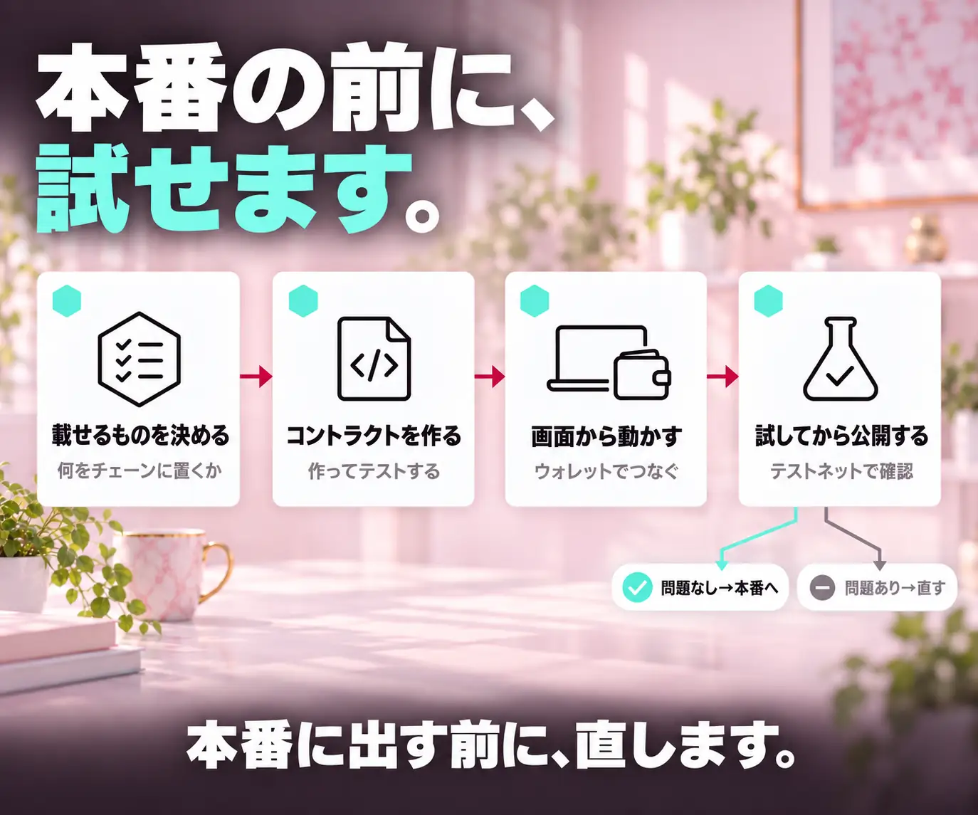 本番の前に、試せます|載せるものの決定・コントラクト作成・動作確認・テストの4段階フロー図