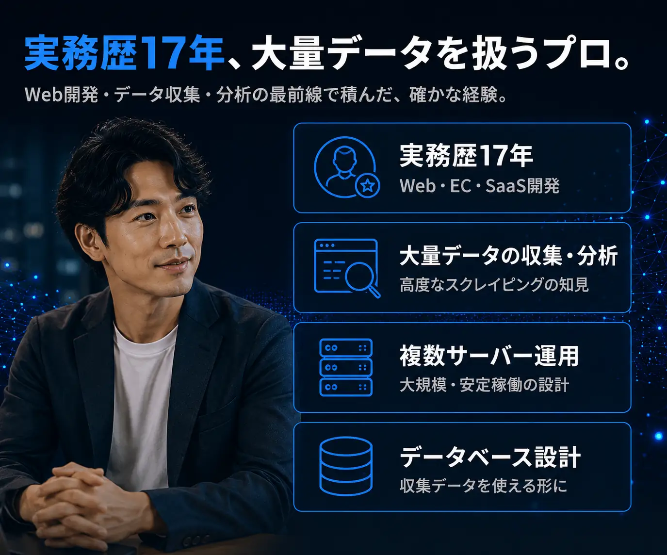 実務歴17年、大量データを扱うプロ|スーツの男性と、実務歴・大量データ・複数サーバー・DB設計の4項目