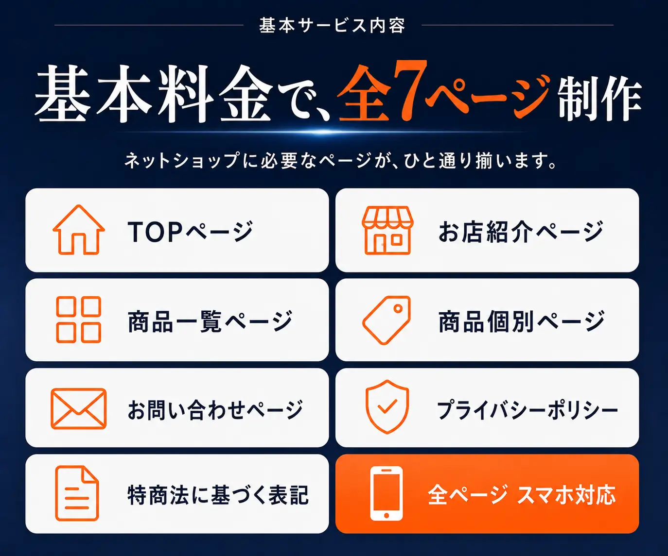 基本料金で、全7ページ制作|TOP・商品一覧・商品個別など7ページのアイコン一覧