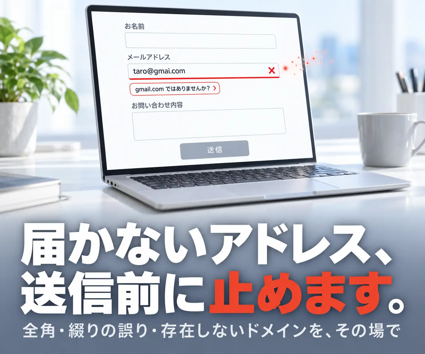 メールアドレスの自動整形と存在確認|届かないアドレス、送信前に止めます(赤いエラー表示が出た問い合わせフォームのノートPC画面)