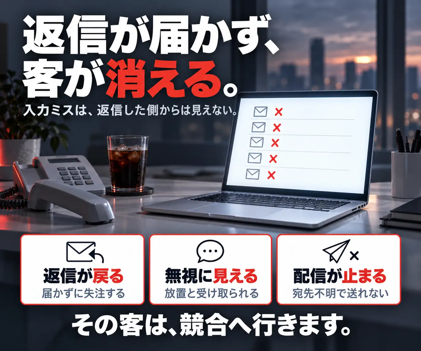 返信が届かず、客が消える|電話とノートPCのデスクと、返信が戻る・無視・配信停止の3アイコン