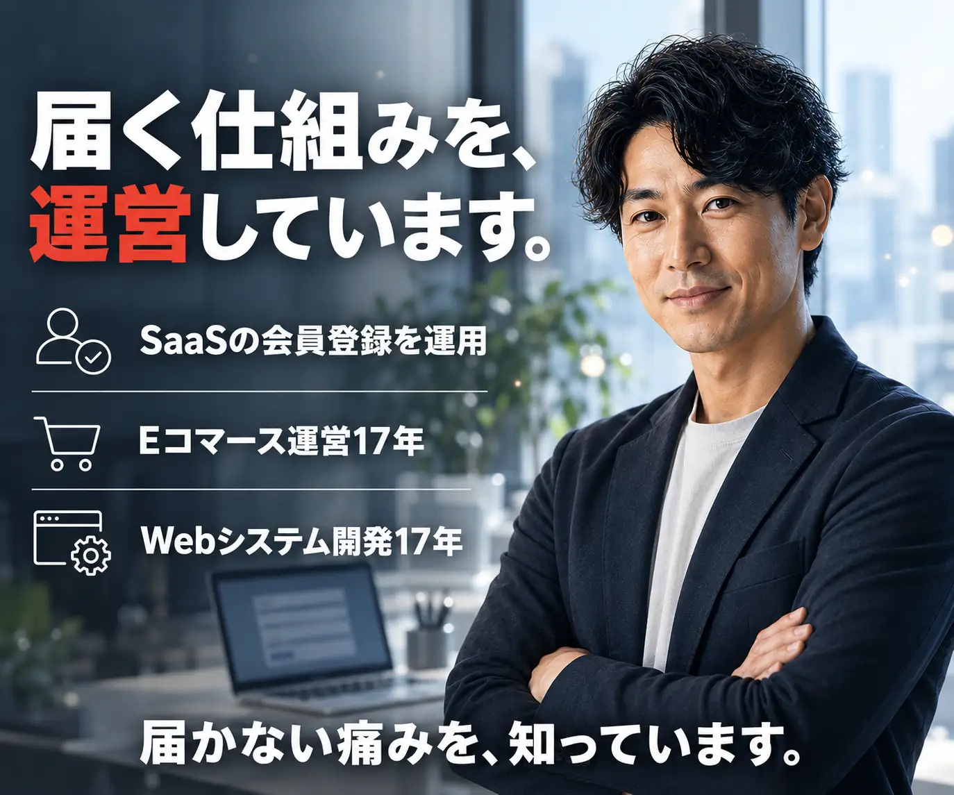 届く仕組みを、運営しています|スーツの男性と、SaaSの会員登録・Eコマース・Webシステムの3項目