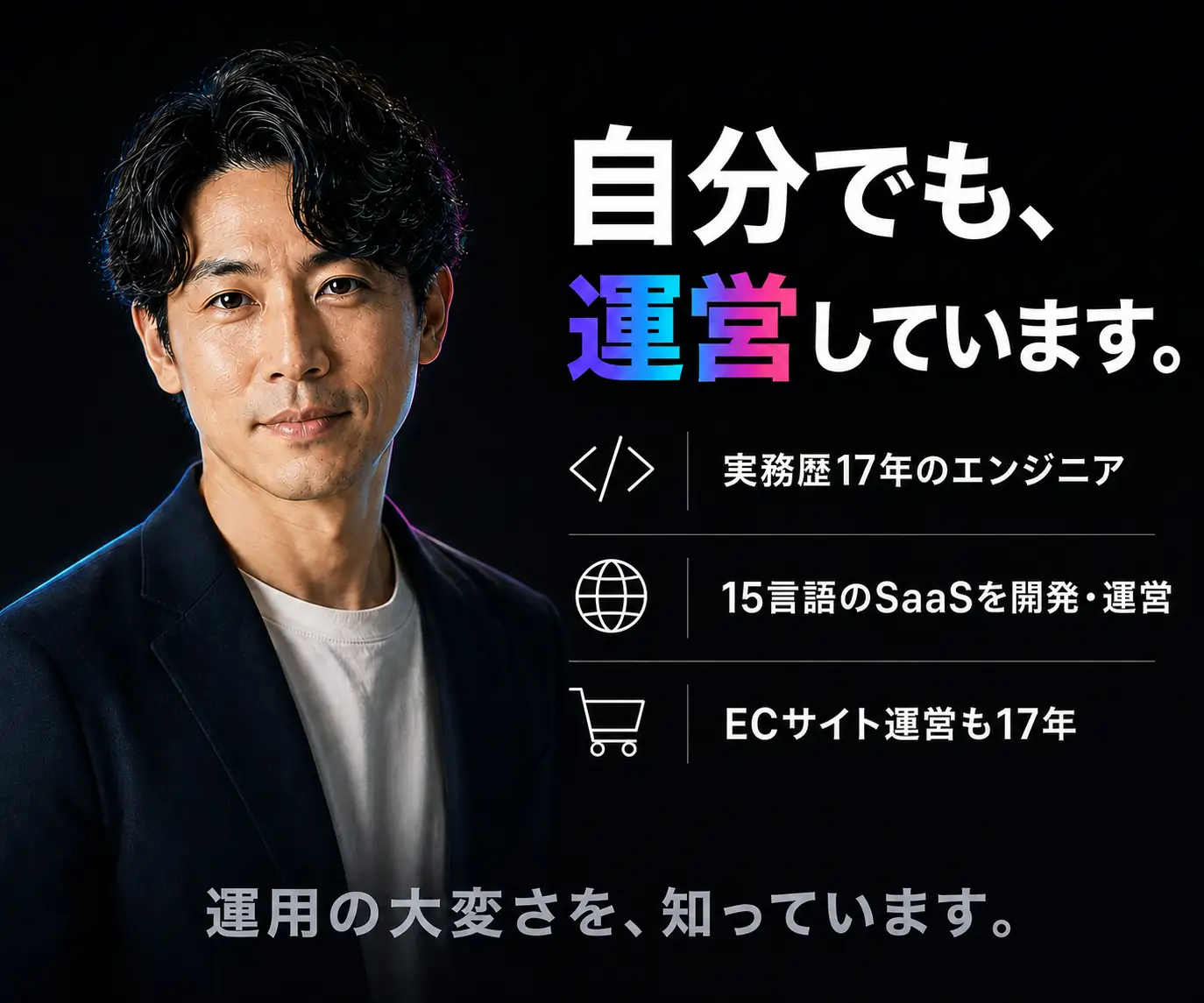 自分でも、運営しています|スーツの男性と、実務歴・多言語SaaS・EC運営の3項目