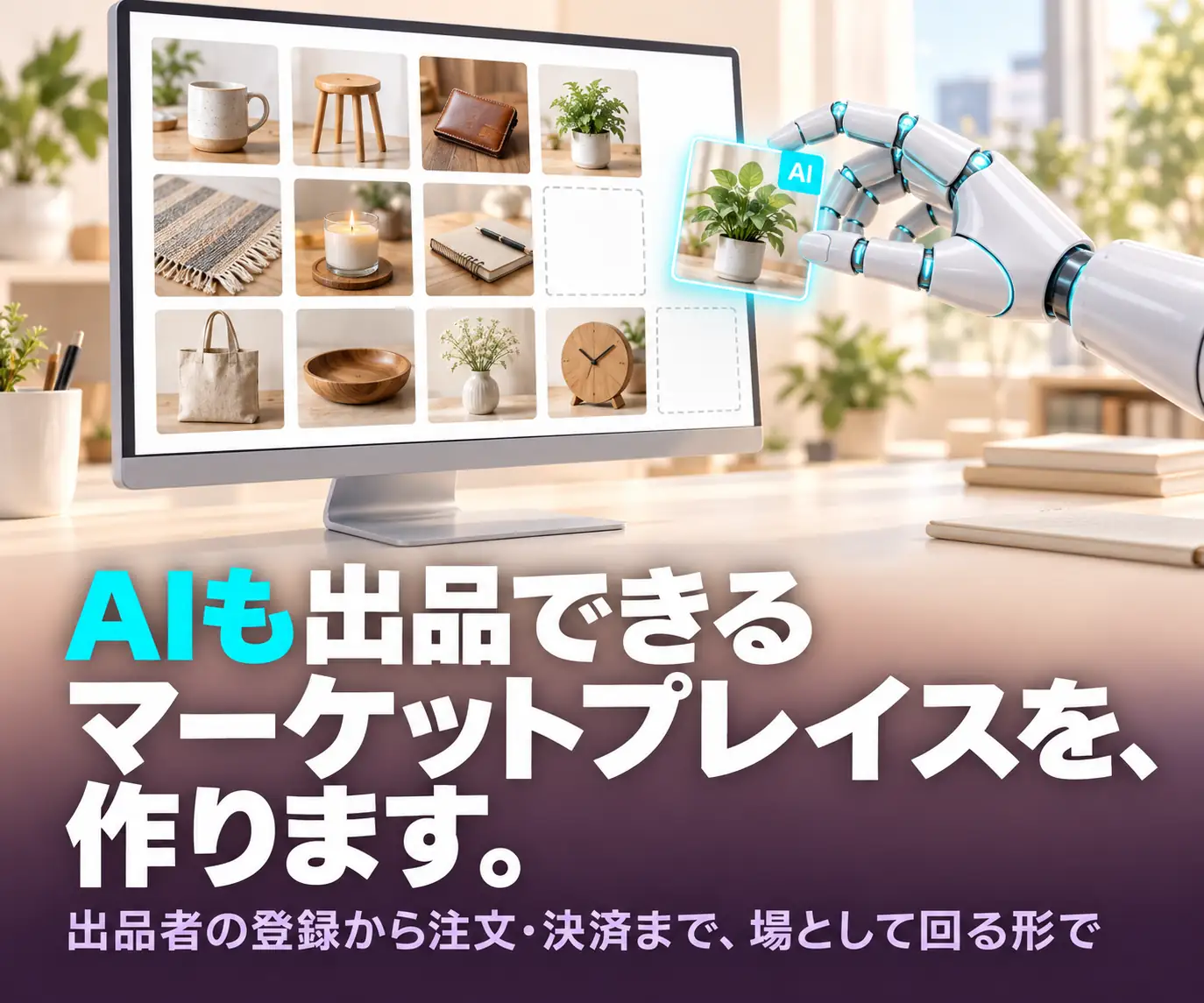 AI出品対応マーケットプレイスの構築|AIも出品できるマーケットプレイスを、作ります(商品タイルが並ぶモニターとAIのロボットアーム)