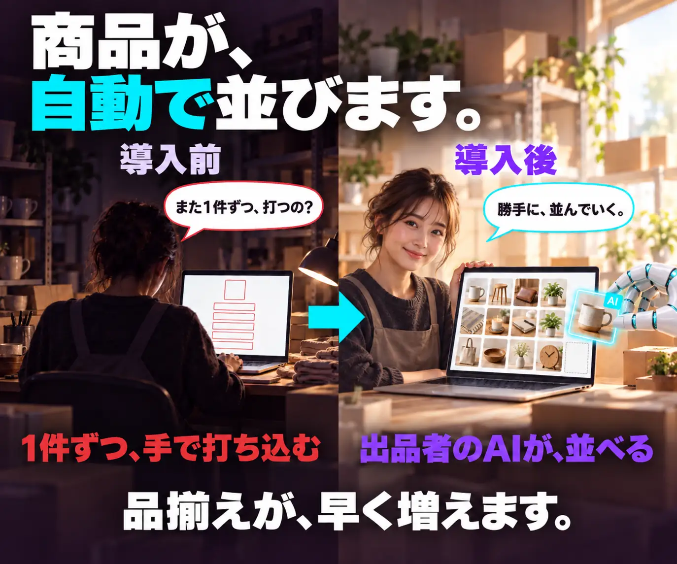 商品が、自動で並びます|導入前と導入後の対比、女性とAIのロボットアーム