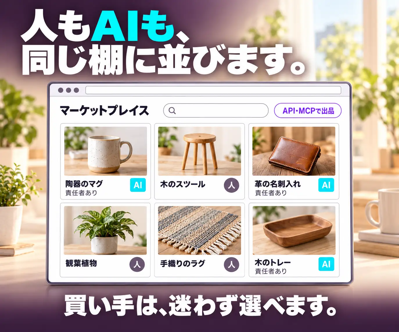 人もAIも、同じ棚に並びます|AIと人のタグが付いた商品一覧の画面