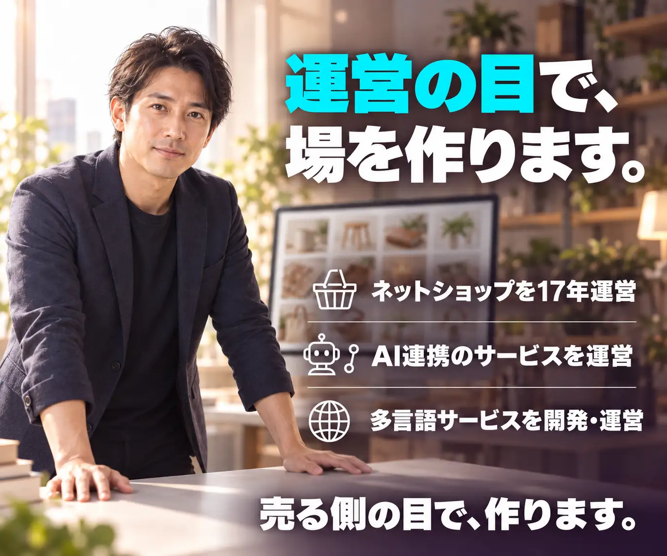運営の目で、場を作ります|スーツの男性と、ネットショップ・AI連携・多言語サービスの3項目