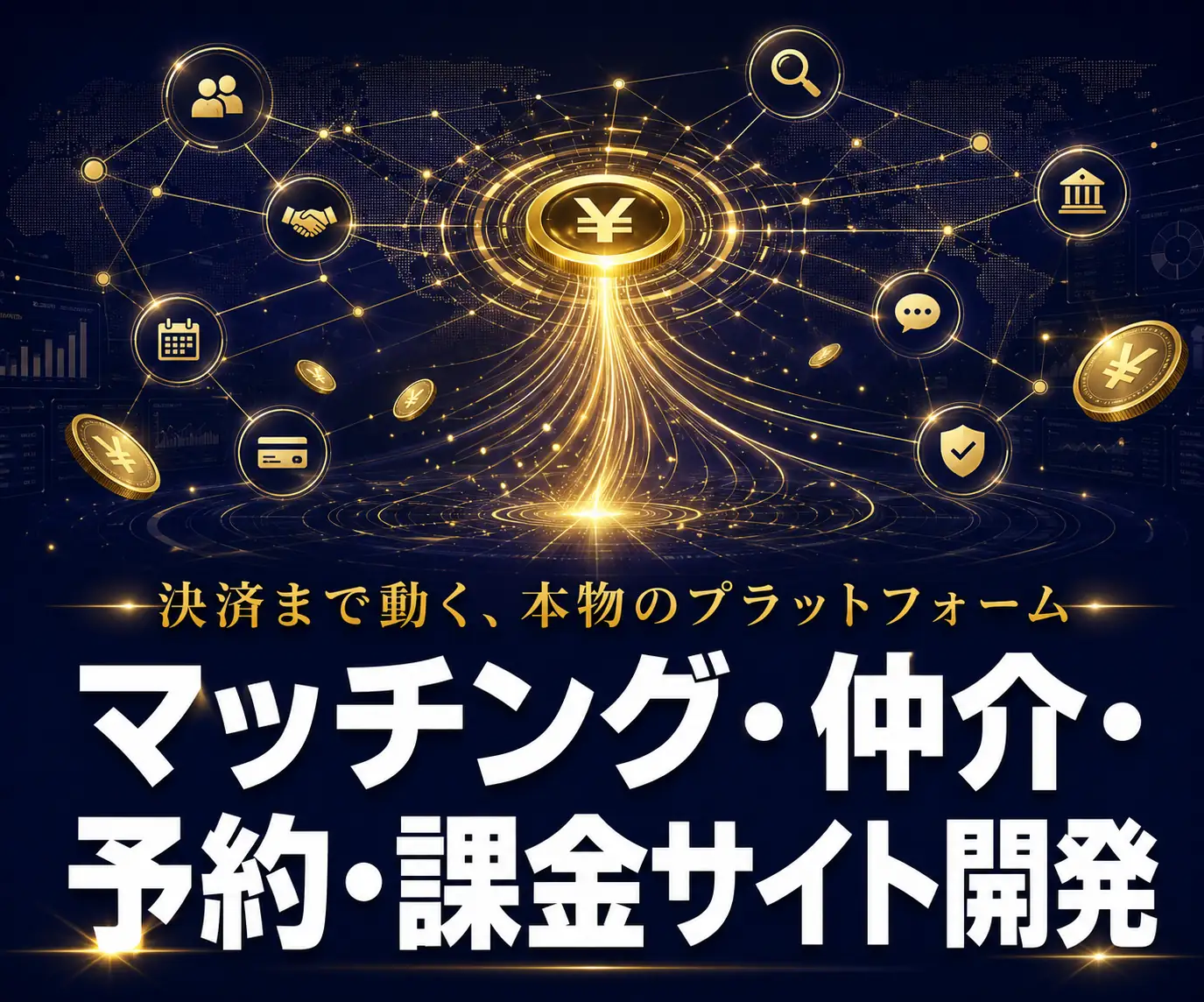 マッチングサイト・プラットフォーム開発|マッチング・仲介・予約・課金サイト開発(金色のコインと人物アイコンが集まる紋章風のイラスト)