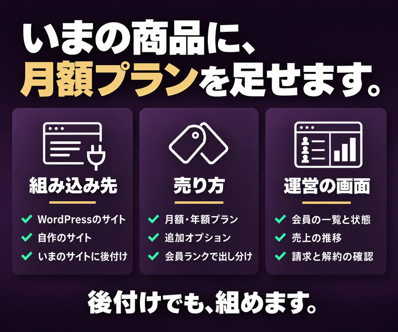 いまの商品に、月額プランを足せます|組み込み先・売り方・運営の画面の3列チェックリスト