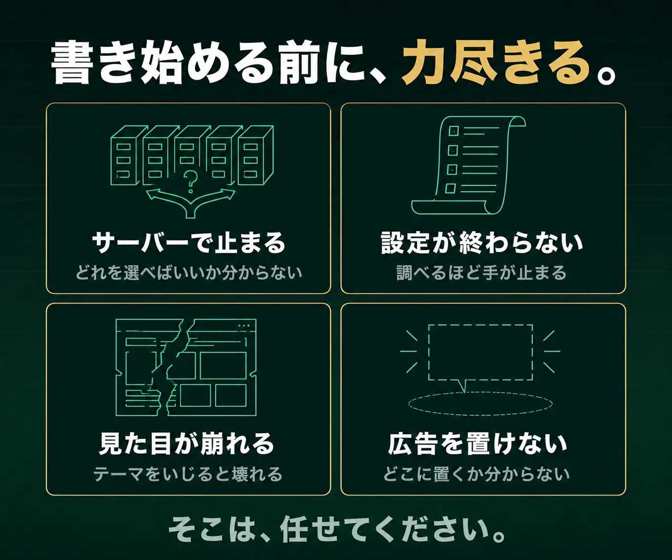書き始める前に、力尽きる|サーバーで止まる・設定が終わらないなど4つのつまずきのアイコン