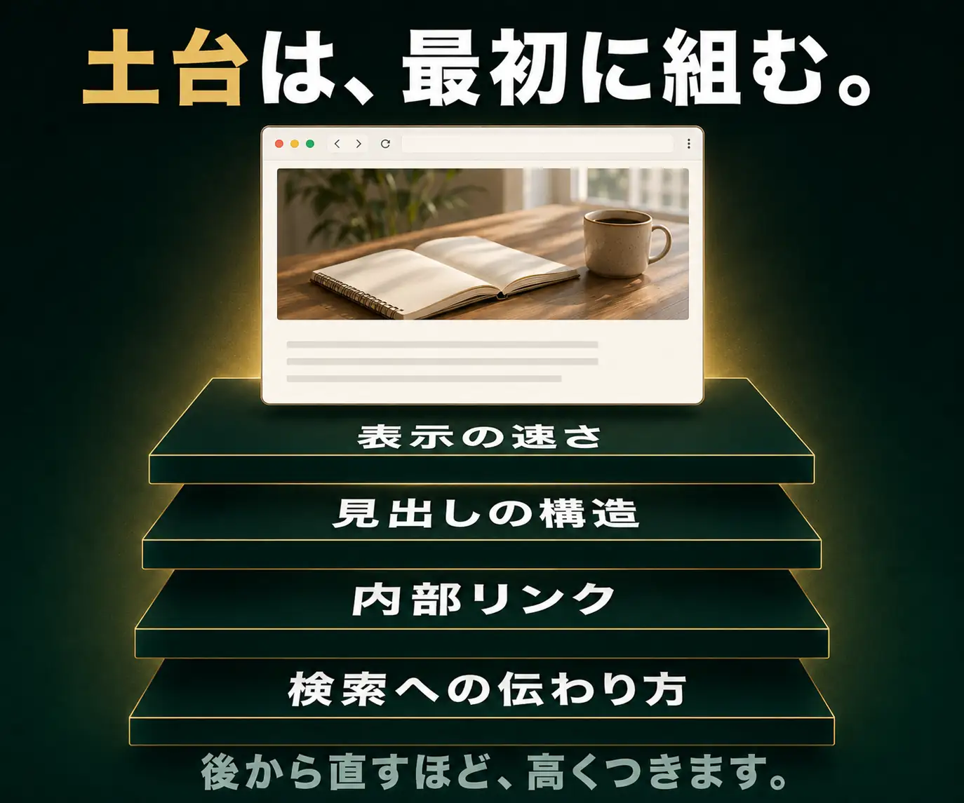 土台は、最初に組む|表示速度・見出し構造・内部リンク・検索への伝達を積み木で表した図