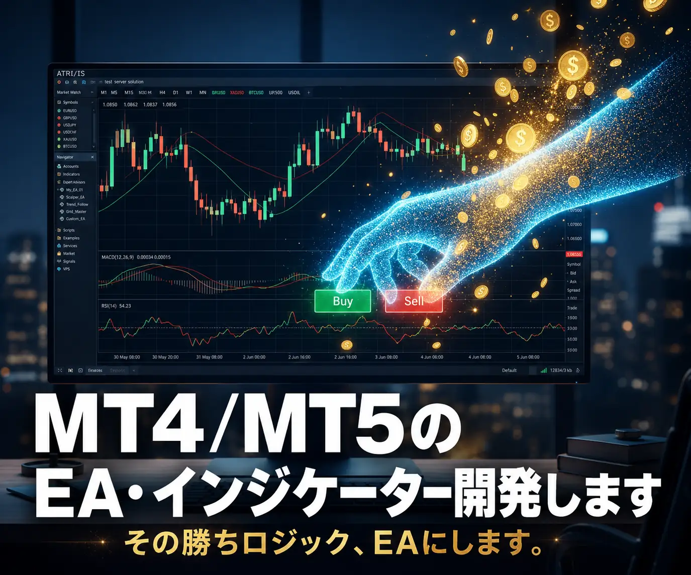 MT4/MT5 の EA・インジケーター開発|MT4/MT5のEA・インジケーター開発します(ローソク足チャートと売買アイコンを表示したトレード画面のモニター)