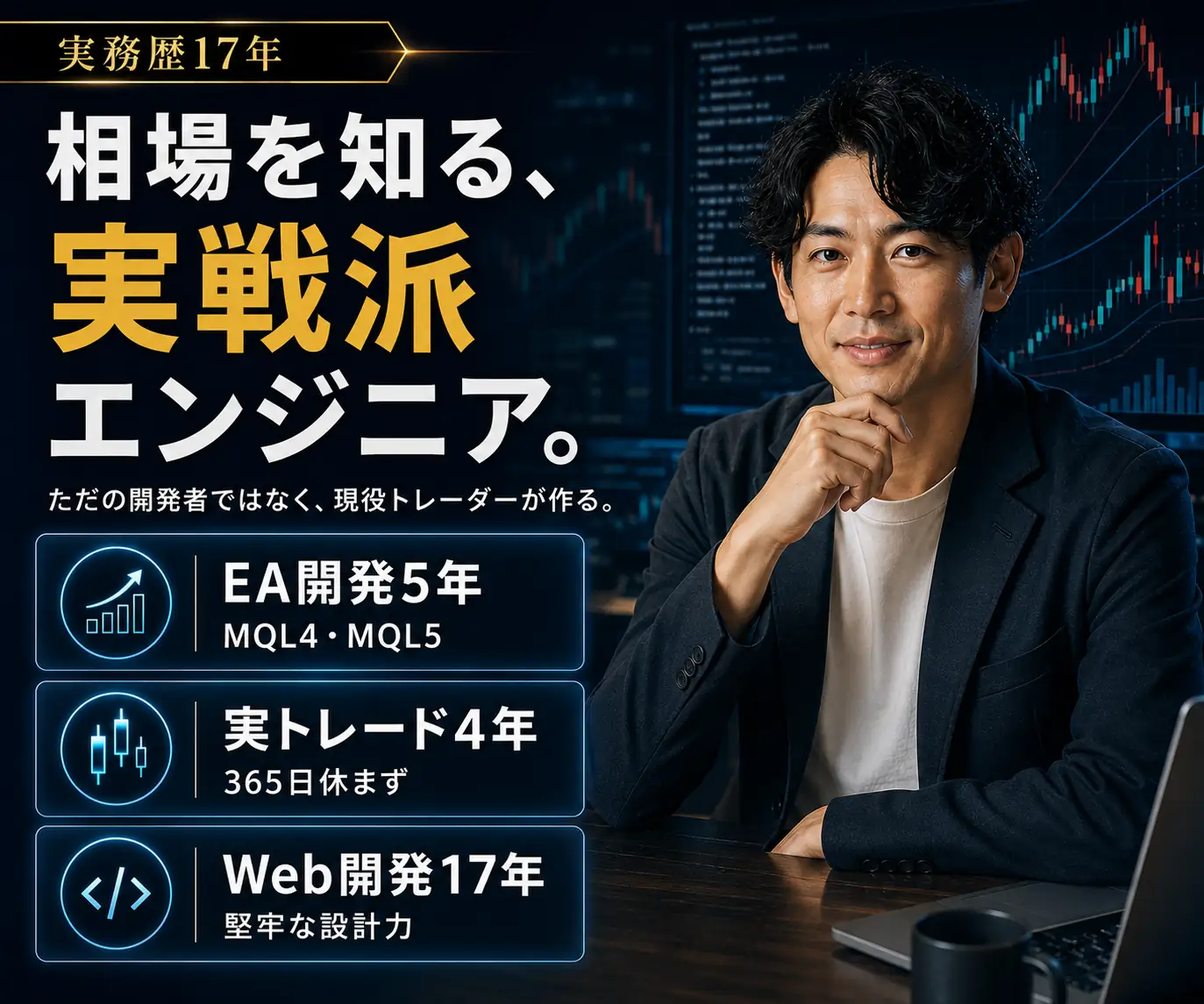 相場を知る、実戦派エンジニア|スーツの男性と、EA開発5年・実トレード4年・Web開発17年の3項目