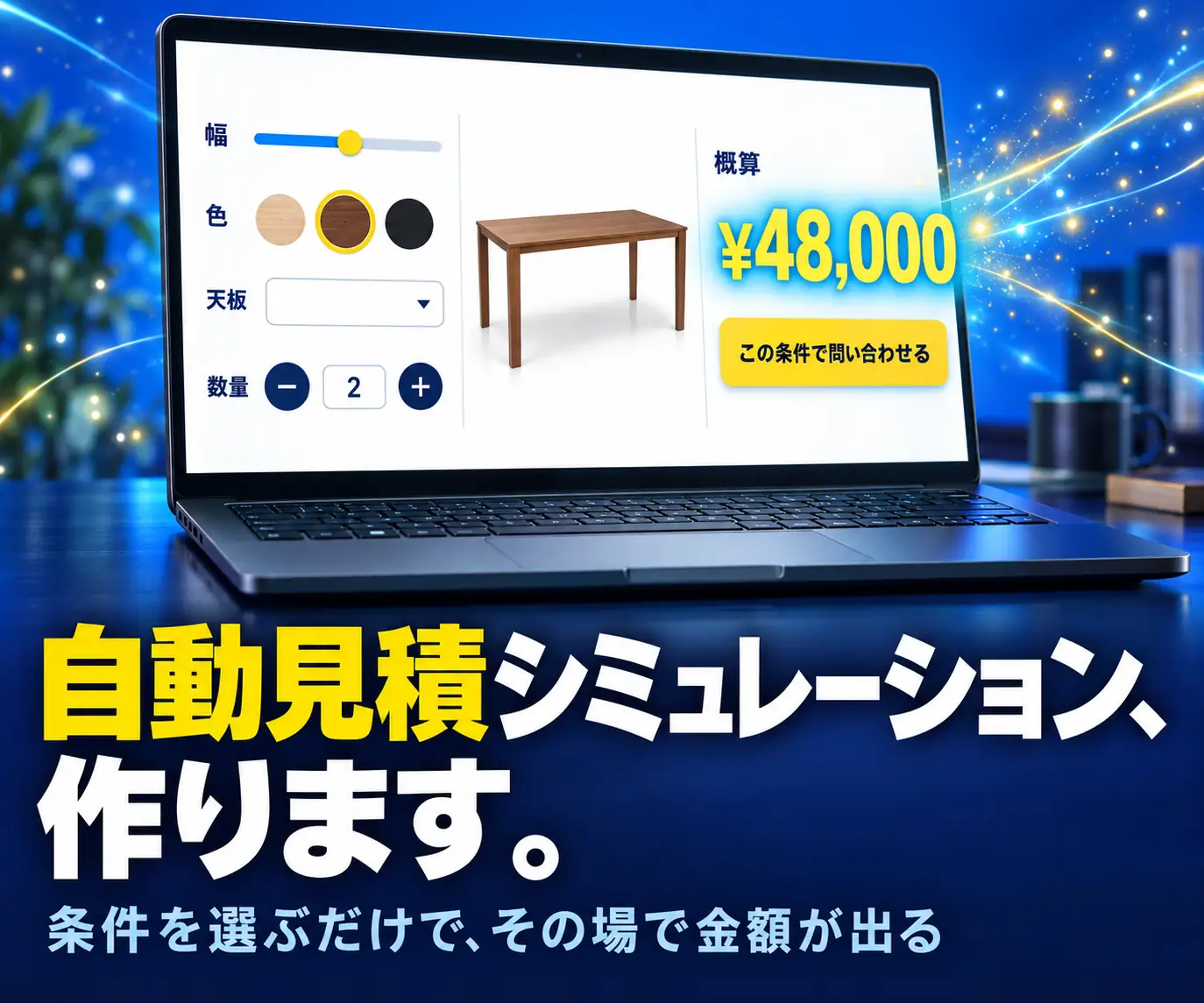 見積シミュレーション構築|自動見積シミュレーション、作ります(幅や色のスライダーと金額が出る見積画面のノートPC)
