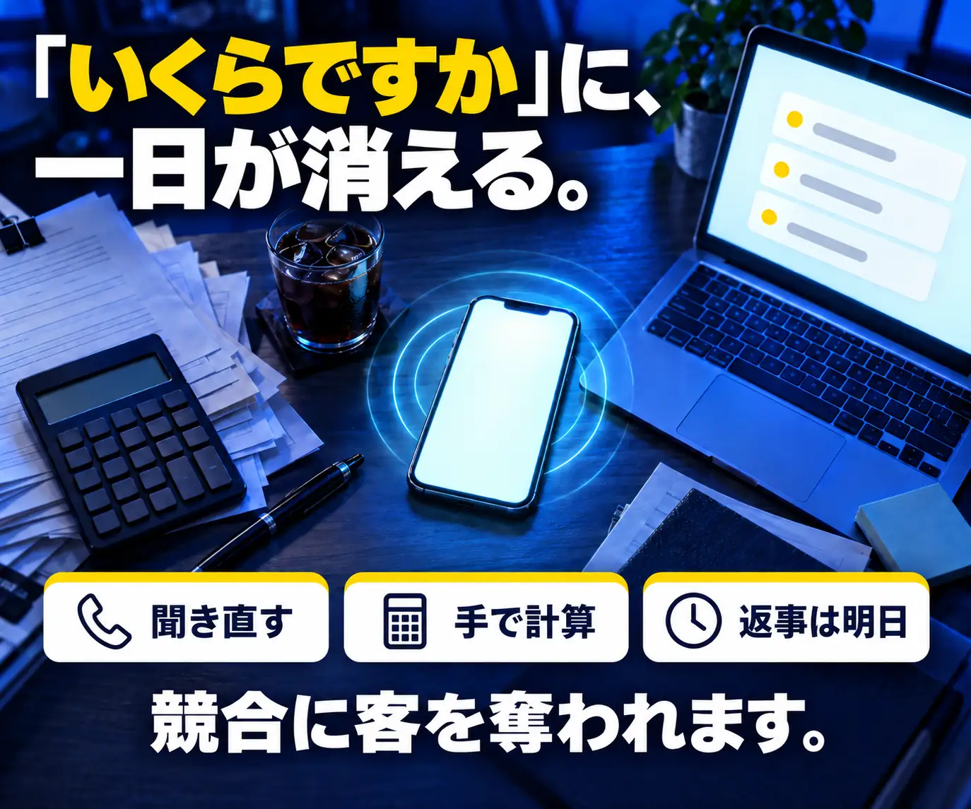 「いくらですか」に、一日が消える|電卓と書類が散乱したデスクと、聞き直す・手で計算・返事は明日の3ボタン