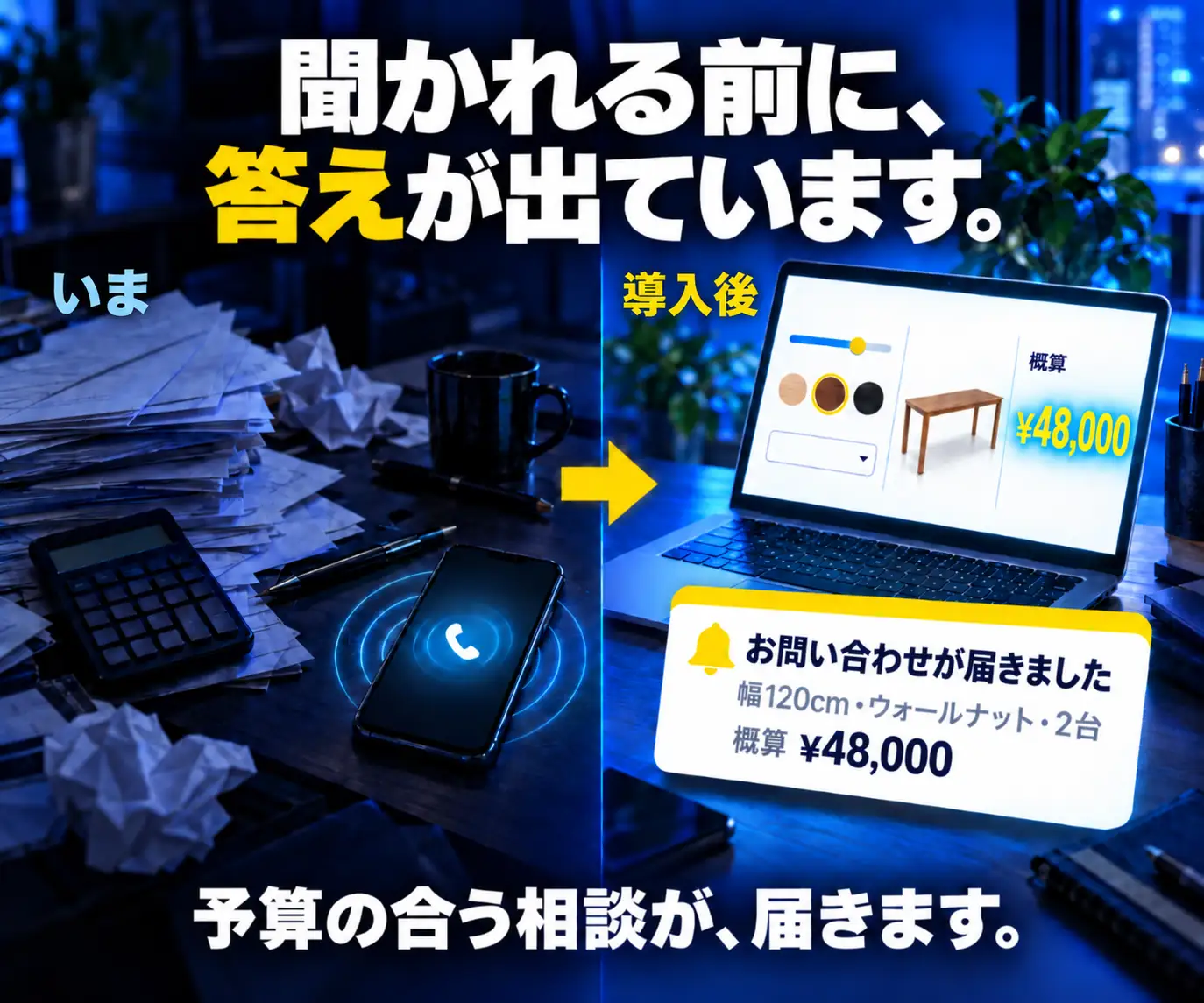 聞かれる前に、答えが出ています|散らかったデスクから見積通知のポップアップへ変わる前後の比較