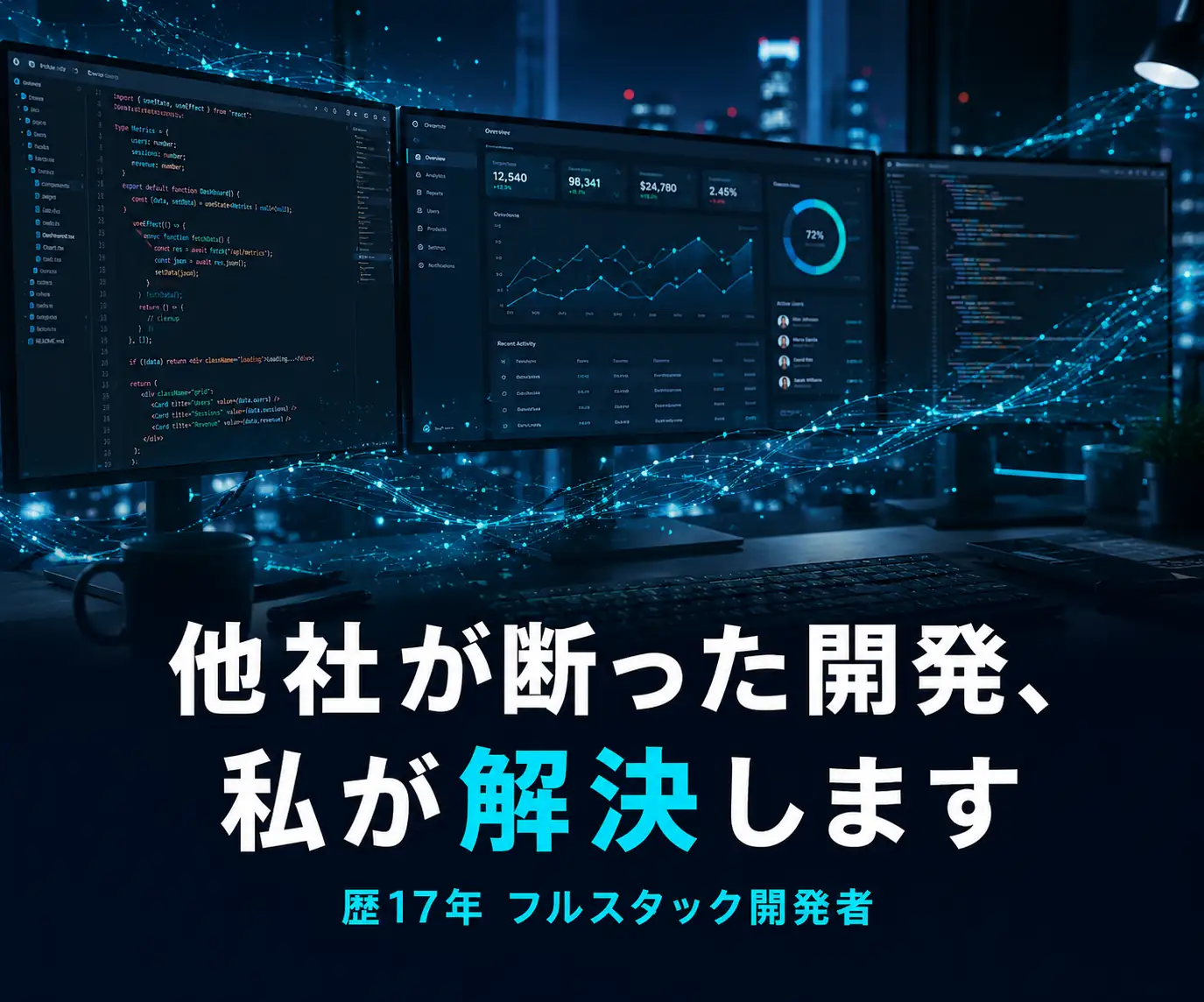 他社に断られた開発・システム改修の修正開発|他社が断った開発、私が解決します(コードとグラフを表示した複数のモニター)